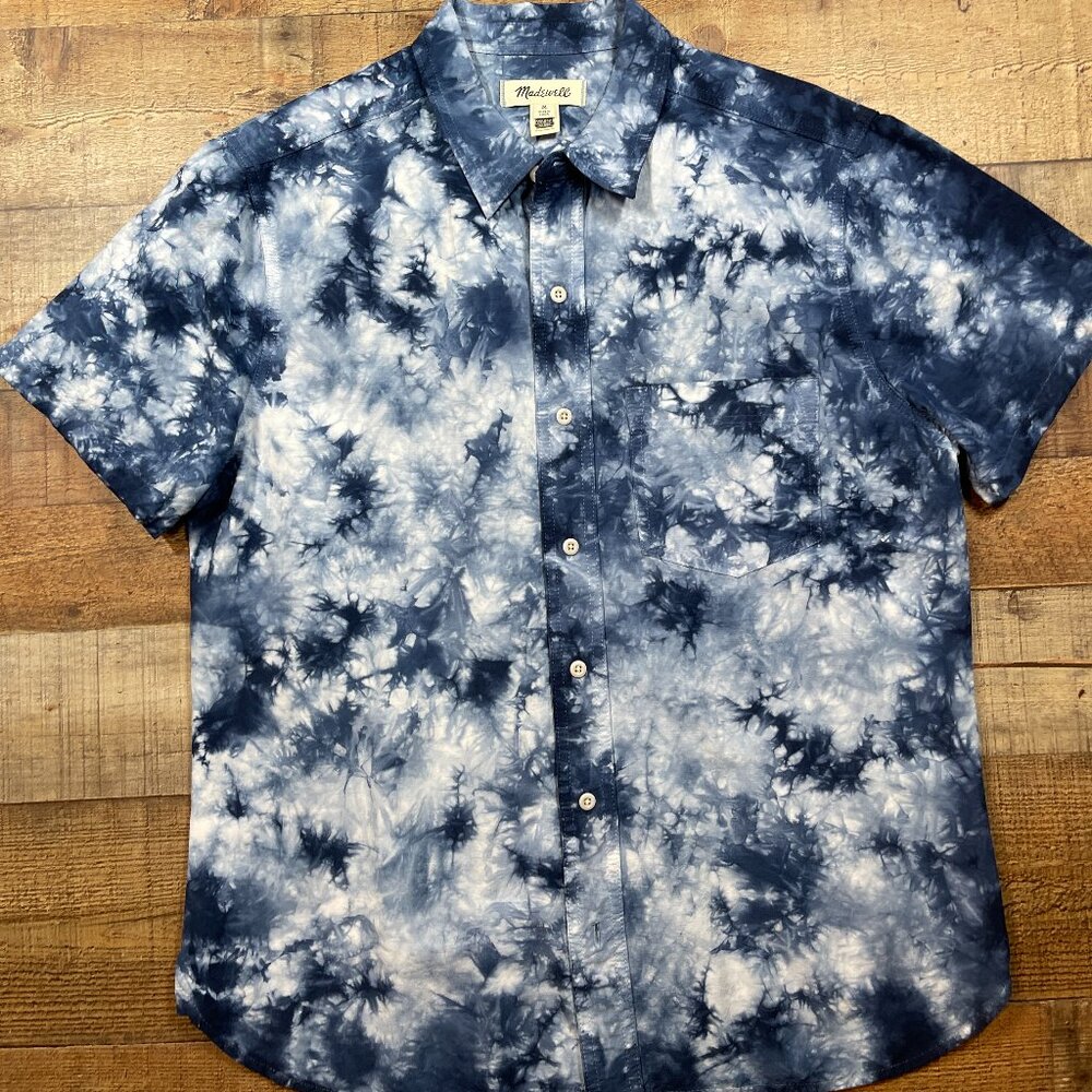 Men's Madewell Perfect Fit Blue/White Short Sleeve Button Down size Medium